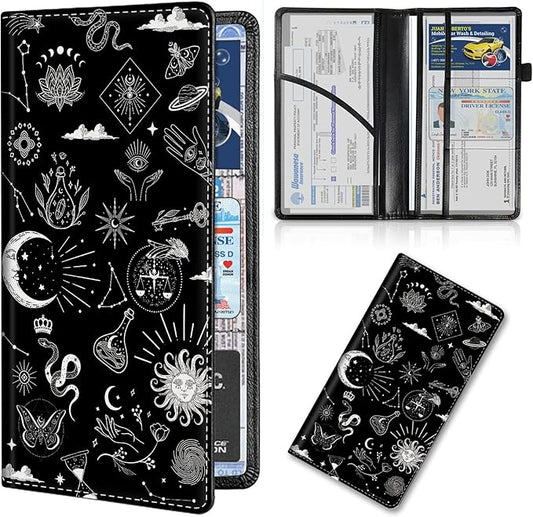 Car Registration and Insurance Card Holder, Premium PU Leather Vehicle Wallet Cover for Glove Box Car Organizer Drivers License / Cards / ID Essentials Document Holder, Astrology Celestial Theme