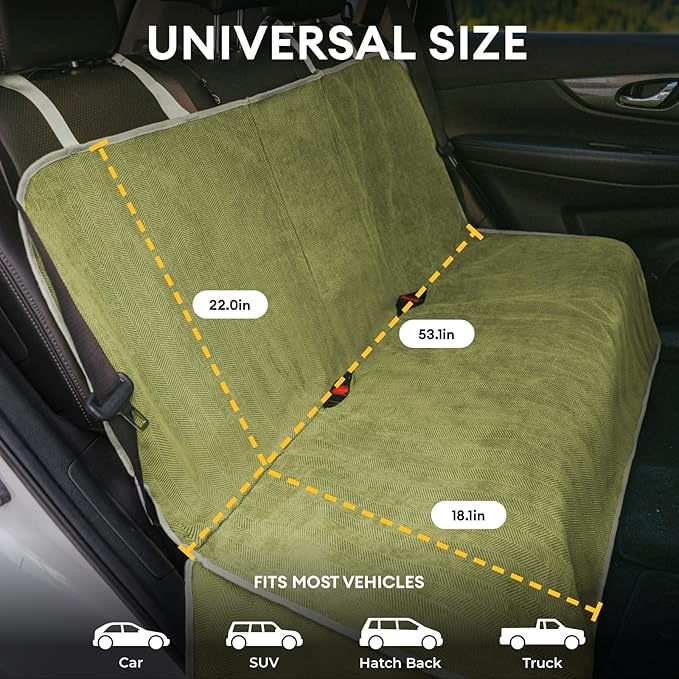 FUNNY FUZZY Dog Car Seat Cover for Back Seat, Back Seat Pet Cover for Dogs Waterproof, Scratchproof Dog Backseat Cover, Non-Slip Bench Car Seat Protector, Universal Fit Most Cars, SUVs, Trucks, Green