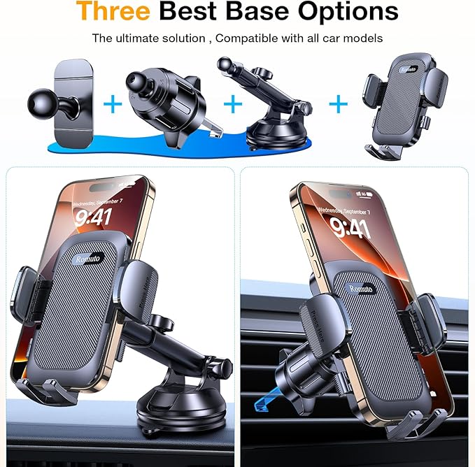 Romuto Car Phone Holder Mount【Strongest Suction】 Phone Mount for Car Cell Phone Holders for Your Car Accessories for Women Men Dashboard/Windshield/Vent/Camera Mounts Stand Holder for iPhone Samsung