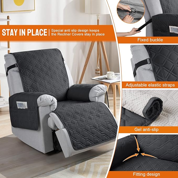 VANSOFY 100% Waterproof Recliner Chair Covers, Recliner Cover Non-Slip Dog Chair Cover Furniture Protector Washable Slipcover with Pocket, Elastic Straps for Pets, Dogs(Black, 25")