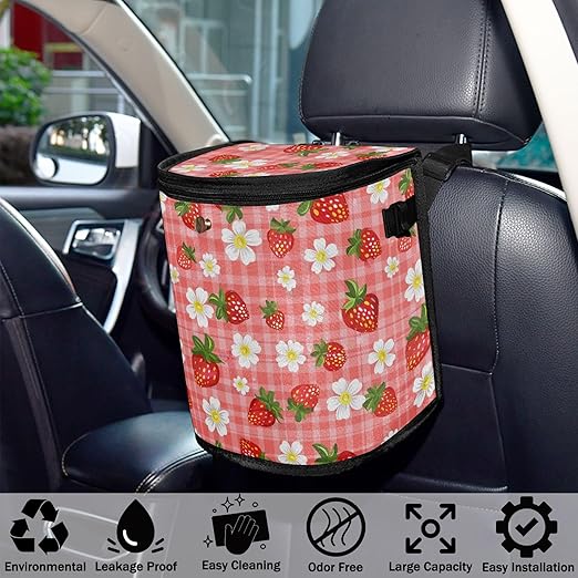 Strawberry Florals Checkered Plaid Car Trash Can Car Garbage Bag with Lid Hanging Waterproof Leak Proof Vehicle Storage Bin