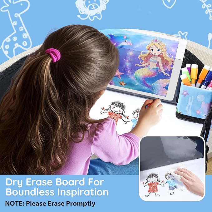 Kids Travel Tray, Kids Travel Trays for Car Seat, Road Trip Essentials for Toddler, Carseat Lap Tray with Dry Erase Board & Storage Organizer for Road Trip Activities for Kid, Bluish Violet