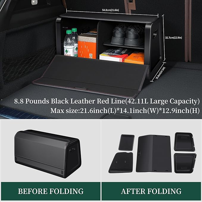 Car Trunk Organizer for SUVs & Sedans,Leather Storage Box,Magnetic Lid,Collapsible and Adjustable,Extra Large,Magnetic Induction Lamp,Black