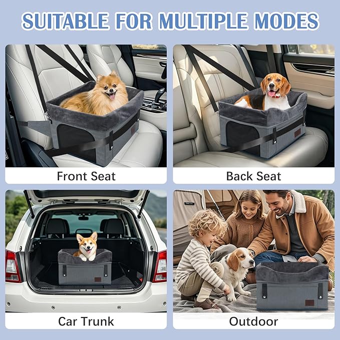 PetsHome Dog Car Seat for Small Dogs, Detachable Washable Pet Booster Seat with Storage Pocket, Breathable Mesh, Safety Leash, Adjustable Straps for Small Pets Up to 25lbs-Grey