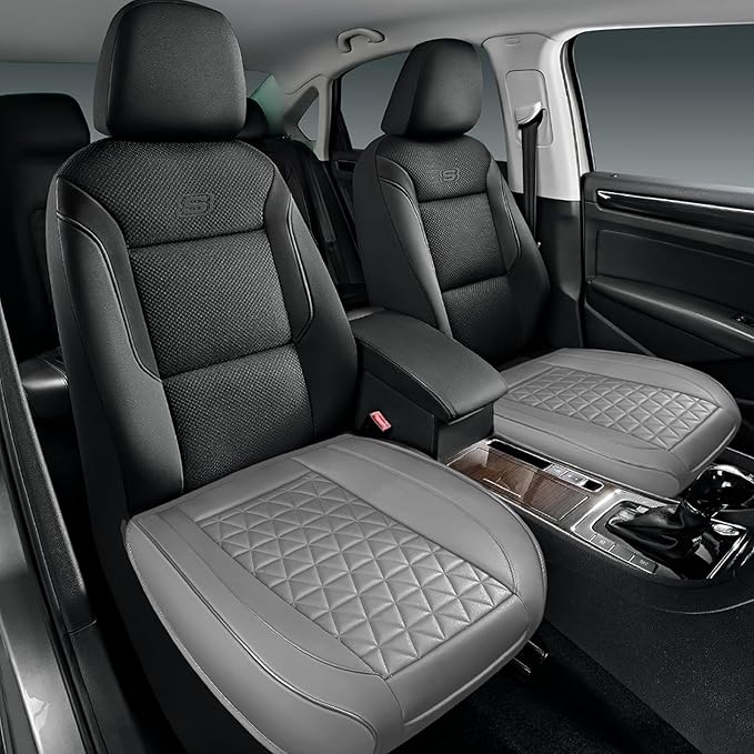 2PCS Leather Car Seat Cover, Front Bottom Seat Cushion Cover, Car Seat Cover, Front PU Leather Seat Covers, Anti-Slip and Wrap Around The Bottom with Storage Pocket Suitable for Most Vehicles (Grey)