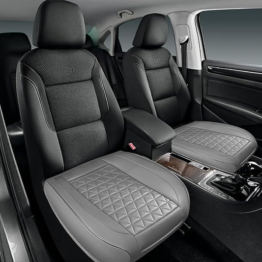 2PCS Leather Car Seat Cover, Front Bottom Seat Cushion Cover, Car Seat Cover, Front PU Leather Seat Covers, Anti-Slip and Wrap Around The Bottom with Storage Pocket Suitable for Most Vehicles (Grey)