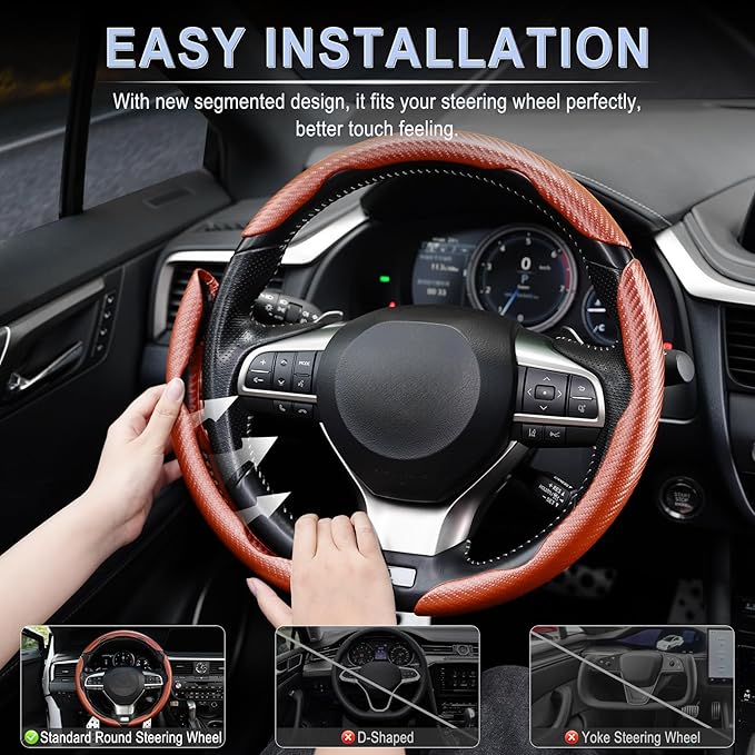 Amiss 3pcs Carbon Fiber Anti-Skid Steering Wheel Cover, Waterproof & Segmented Butterfly Design, Universal 99% Vehicle Wheel Cover Protector, Car Interior Accessories (Champagne-3pcs)