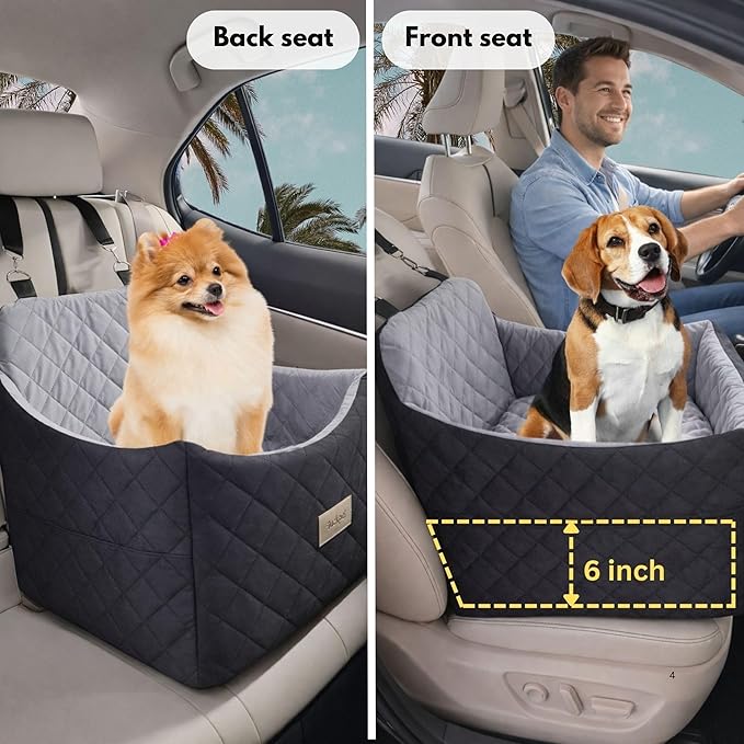 Dog Car Seat for Small/Medium Dogs up to 35 lbs, Memory Foam Booster Seat with Washable Cover, Storage Pockets & Safety Belts, Travel Pet Bed for Front & Back Seat
