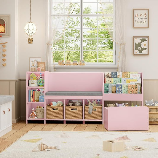 HOSTACK 67" W Kids Reading Nook with Toy Storage Organizer, Large Kids Bookshelf with Toy Storage Box on Wheels, Big Kid Bookcase with Bench and 6 Open Cubbies for Playroom, Kid Room, Pink