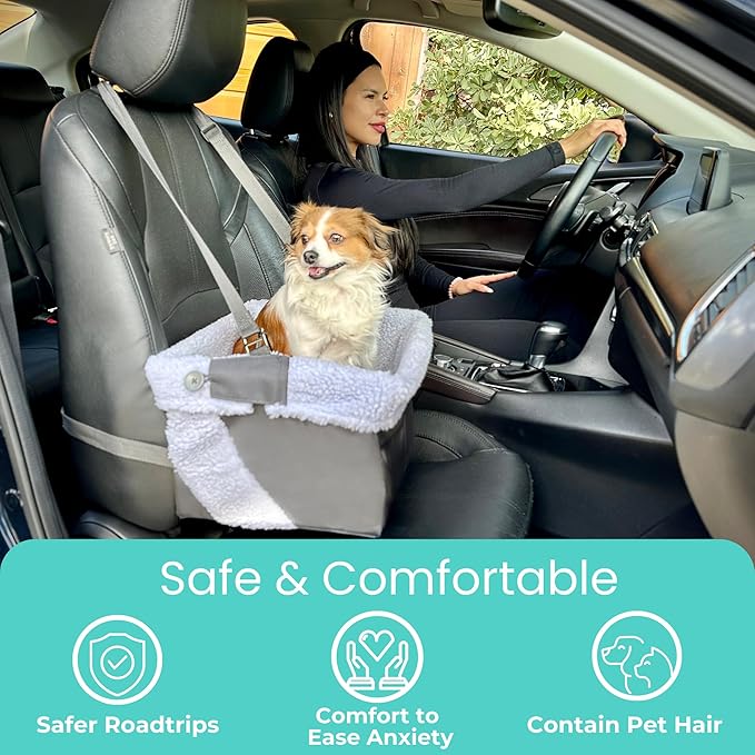 Blue Dog Booster Seat - Washable, Adjustable, Collapsible Pet Travel Carrier Bed - Safety Seat Belt Tether for Small Dogs, Puppies, and Pets up to 18 lbs