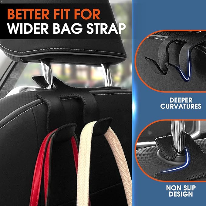 2 in 1 Car Headrest Hooks for Purses and Bags, Upgraded Leather Organizer Storage Holder Hooks Matching Cars Interior, 1-Pack, Gray