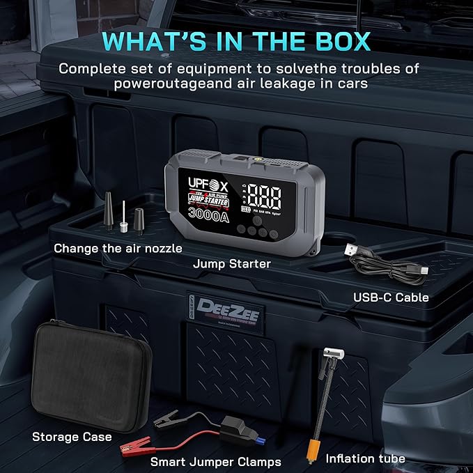 3000A Jump Starter with Air Compressor 12V, 44.4Wh Portable Car Jump Starter for 8.0L Gas & 6.0L Diesel Engines, 150PSI Tire Inflator with LED Display, Emergency Jump Box with Jumper Cables