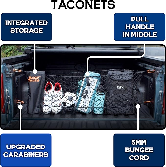 TacoNets Envelope Cargo Net for Ford Maverick - Fits 2022-Current - Upgraded 5mm Bungee - Integrated Storage Bag - Heavy Duty Carabiners - Designed in USA