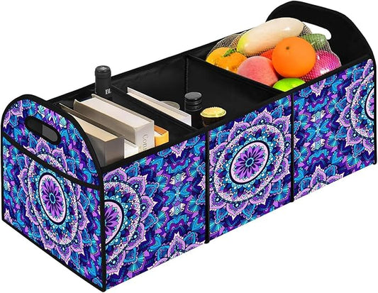 Purple Mandala Flower Car Trunk Storage Box with Pockets Car Accessory for SUVs Cars Automotive Organizer