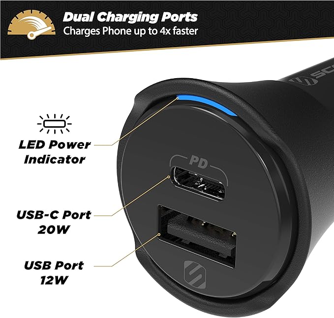 Scosche CPDCA32 PowerVolt 32Watt Certified USB Type-C & USB Type-A Fast Car Charger with Power Delivery 3.0 for All USB-C and USB-A Devices