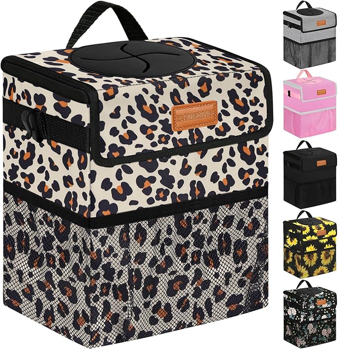 ELONGRIVER Car Trash Can Bin for Back Seat Leak Proof, Cute Car Trash Bag Hanging, Vehicle Trash Can for SUV Truck Van, Automotive Garbage Cans Front Seat Leopard Print, 2 Gallons