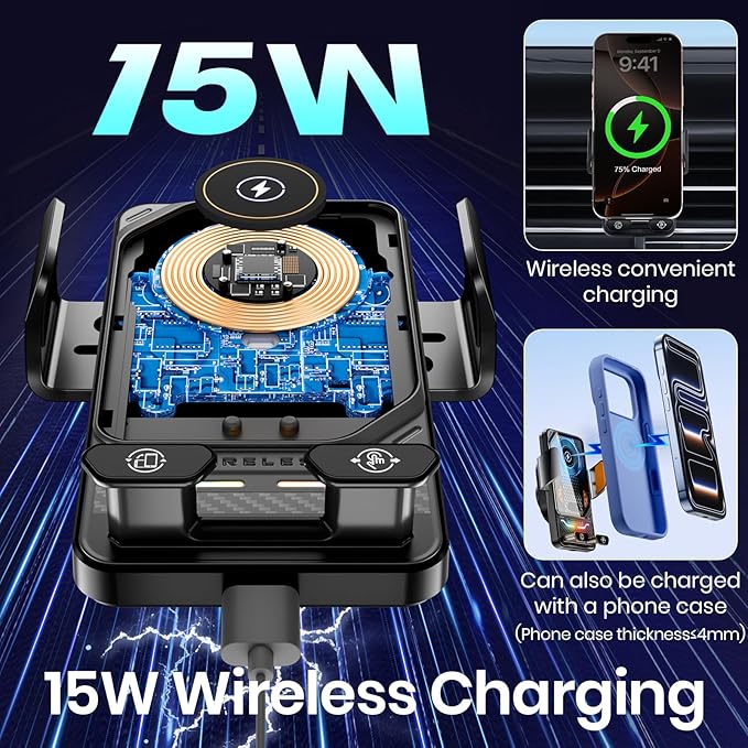 Car Phone Charger Holder, Smart Auto-Clamping Fast Charging Car Phone Holder with Atmosphere Lights, Rotating Air Vent Mount Compatible with All Smartphones (Black)