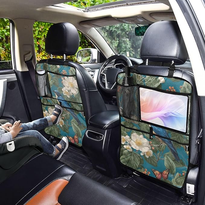 2 Pack Back Seat Car Organizer with Storage Pockets Kick Mats Back Seat Protector Hanging Car Organizer Automotive Seat Back Cover Organizers Vintage Blue Bird Flowers Butterflies