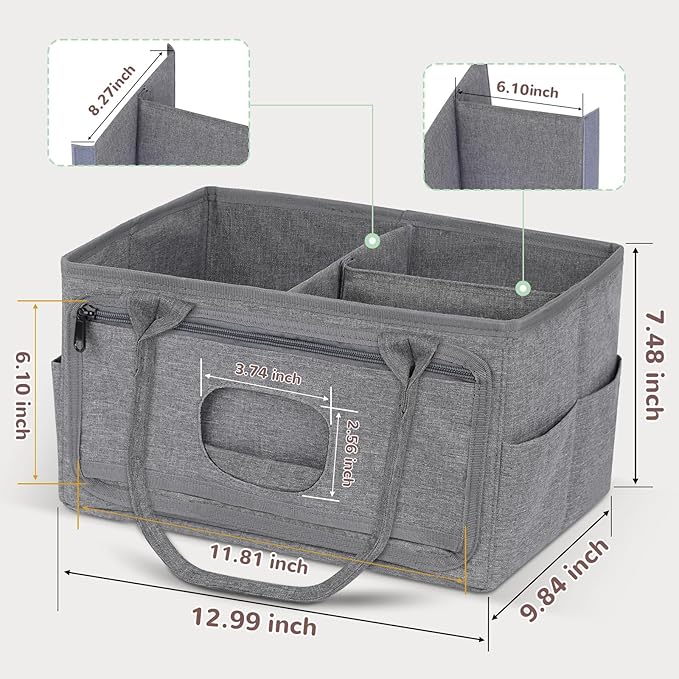 Diaper Caddy with Wipe Dispenser One-Handed Access, Premium Diaper Organizer, Portable Car Organizer Nursery Basket for Newborn Essentials, Baby Registry Must Haves for Boys & Girls,Grey