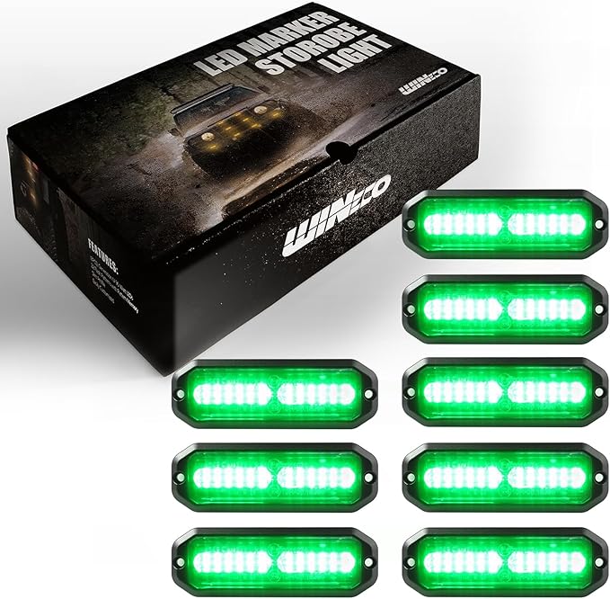 WINECO Green 8pcs Ultra Slim LED Emergency Strobe Police Lights, Surface Mount Grill Grille Hazard Safty Warning Flashing Light for Volunteer Trucks Vehicles