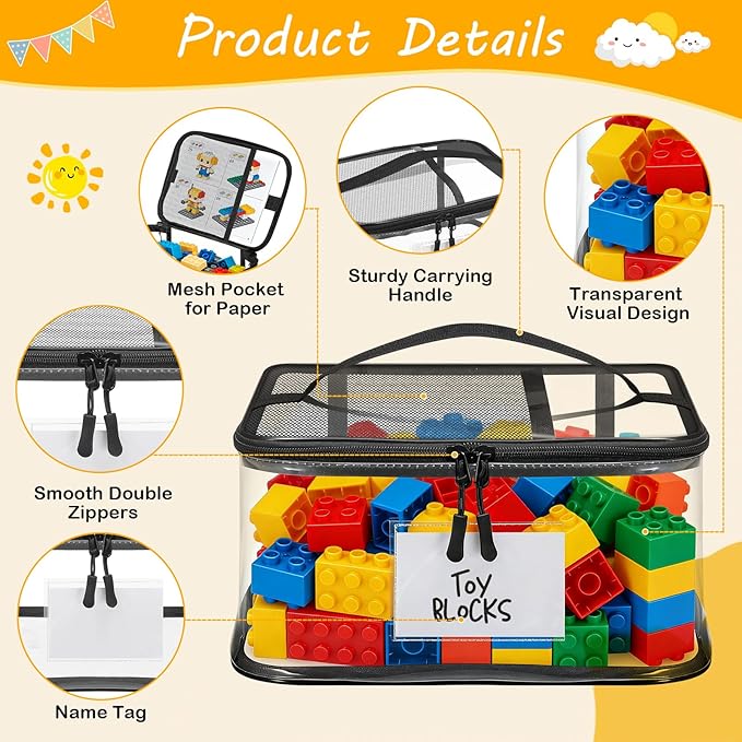 6 Pack Toy Storage Bags, Clear Toy Organizer with Labels, Waterproof PVC Toy Organization and Storage for Building Blocks, Puzzles, Dolls and Board Games, for Kids Ages 3+