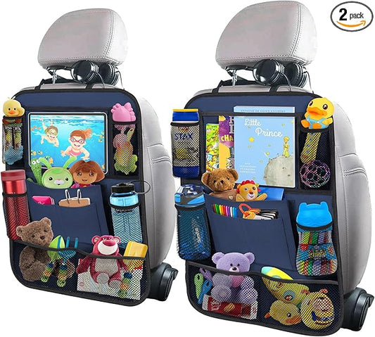 ULEEKA Car Backseat Organizer with 11" Table Holder, 10 Storage Pockets Seat Back Protectors Kick Mats for Kids Toddlers, Travel Accessories, 2 Pack, Blue