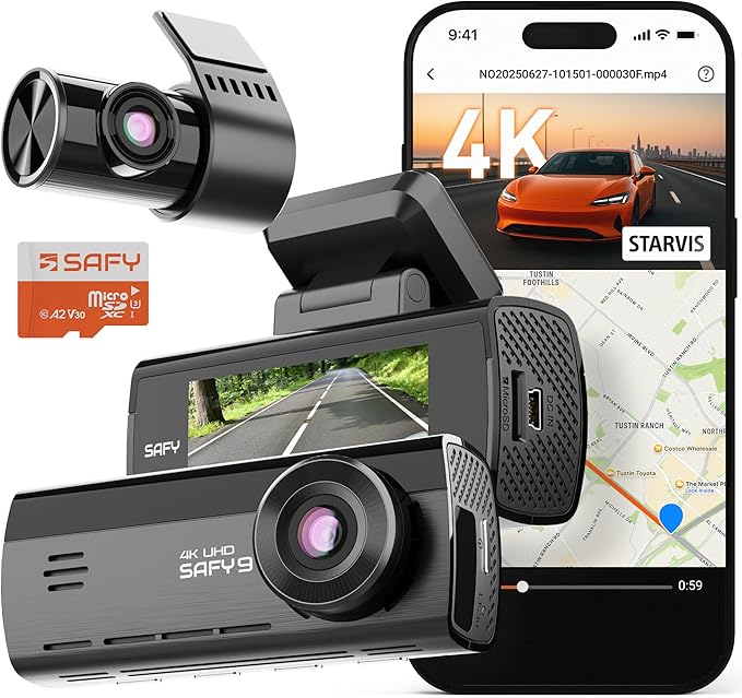 BlackVue SAFY9 2CH 256GB Dashcam - 4K+1080P Dash Cam Front and Rear, HDR Front, AI Night Vision, SD Card Included, Wi-Fi, GPS, 24-Hour Parking Guard, LCD Display
