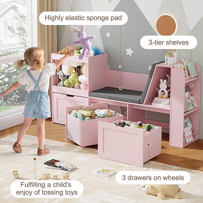 66.9" Kids Reading Nook, Toy Storage Organizer with Stuffed Animal Storage, Bench and Removable Cushions, Wooden Toddler Bookshelf with 3 Movable Drawers for Nursery, Playroom (Pink)
