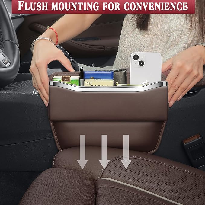 Car Seat Gap Filler - Premium Leather Car Organizer with Extra Storage - Organize and Secure Your Car Essentials - Fits Most Cars, SUV, Truck - 2 Pack - Brown