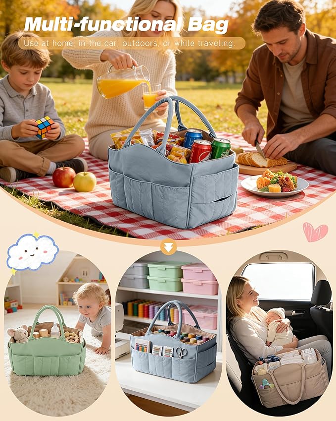 Quilted Baby Diaper Caddy with Detachable Dividers and Wipes Pocket, Lightweight Baby Caddy Organizer with Handles and 8 Pockets for Baby Stuff, Dusty Blue