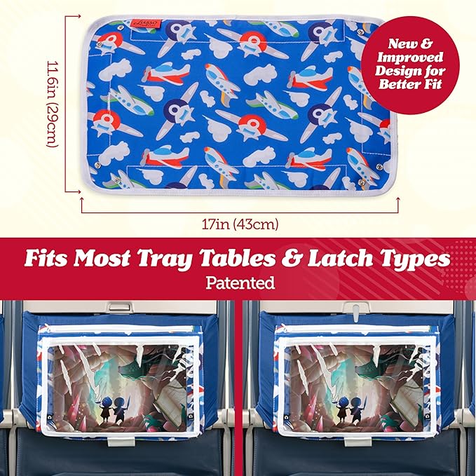 Lusso Gear Kids Airplane Tray Table Cover - Storage Pockets for Toddler Toys & Snacks - Kids Travel Essentials & Organizer - Portable Fit for Most Airplane Trays - Dinos