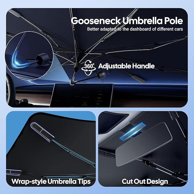 EcoNour Umbrella Windshield Sun Shade for Car | Foldable UV Blocker Front Windshield Sunshade | Umbrella Shade Accessories with Storage Pouch | Full Size SUVs & Pickup Truck & Van | Large - 61"x35"