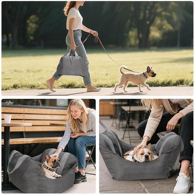 Car Seat for Small & Medium-Sized Dogs & Cats Up to 25 lbs – Cushy, Roomy, Washable, Carrier Seat with Headrest Harness, Seatbelt Anchor, Safety Leash, Storage Pockets & Thick Cushion