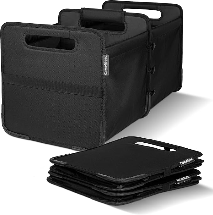 CleverMade Double Trunk Caddy 46L – Collapsible Trunk Organizer for SUV with Flex-Frame Structure, Connectable Car Storage Basket for Groceries & Cargo – Midnight Black