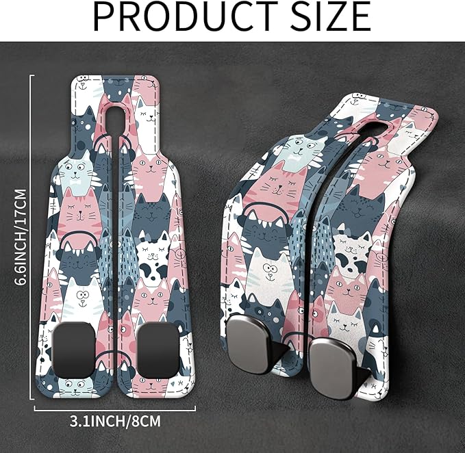 Car Seat Back Storage Headrest Hook, Premium Leather Double Metal Hook, Hanger Storage Organizer for Purse Cloth Bag, Car Interior Accessories Cute Funny Cats