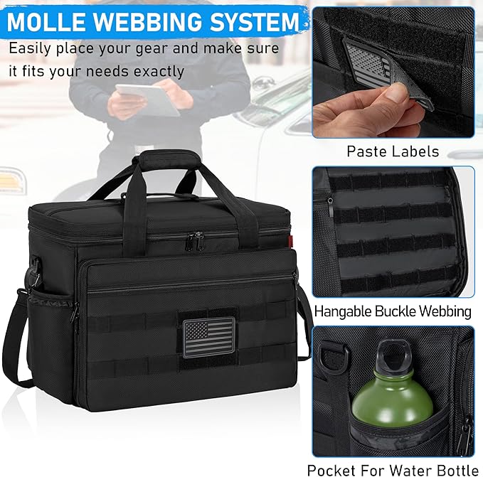 Patrol Bag Law Enforcement, Police Gear Bag Car Front Seat Organizer for Police with Laptop Layer and Cup Holders, MOLLE System, Fits Vehicle Passenger Seat Black