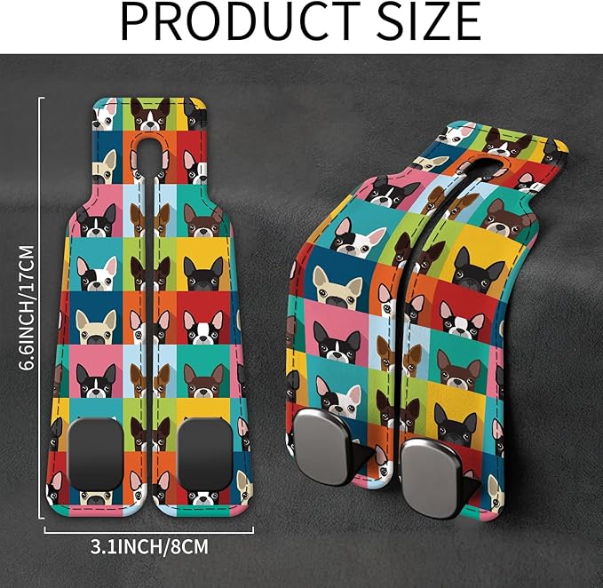 Car Seat Back Storage Headrest Hook, Premium Leather Double Metal Hook, Hanger Storage Organizer for Purse Cloth Bag, Car Interior Accessories Colorful Cute Dogs