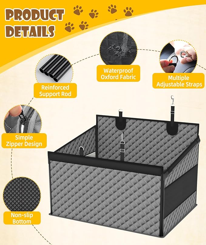 EPN Dog Car Seat for Large Dogs, Foldable Pet Car Seat with Waterproof Oxford Fabric, Non-Slip Bottom, Reinforced Support & Storage Pockets, Ideal for Road Trips (Grey)