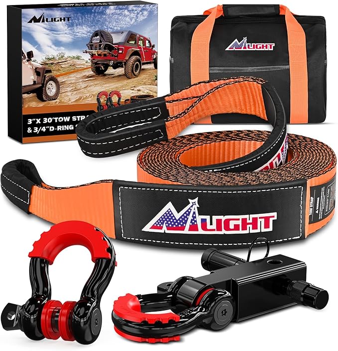 Nilight 3" x 30' Recovery Tow Strap Kit with 2" Hitch Receiver and 3/4" Anti-Theft D-Ring Shackles Storage Bag Heavy Duty Tow Rope for Car Truck SUV ATV (MBS 31500LBS)