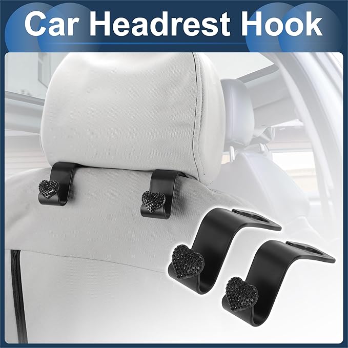 Car Seat Headrest Hook Interior Accessories for Most Car, SUV, Truck Car Seat Back Organizer Hooks Plastic Rhinestone Sturdy Black 2.4"x1.26"