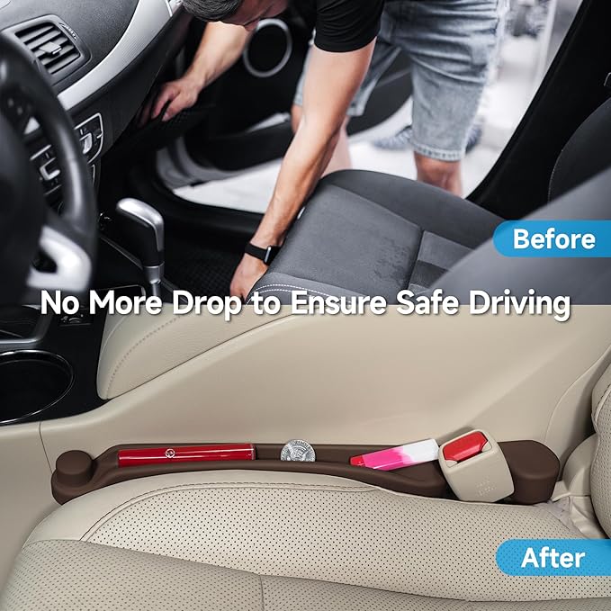 Car Seat Gap Filler Set of 2, 3IN1 Seat Side Gap Filler Plug with Storage Slot & Hook Function, Soft Foam Universal Fit Car SUV Truck Fill Gap Between Seats Console Organizer（Narrow Brown）