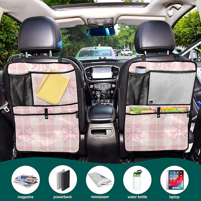 Pink Bows Backseat Organizer 2 Pack Kick Mats with Pockets Backseat Protector Seat Covers for Car Storage Travel Accessories