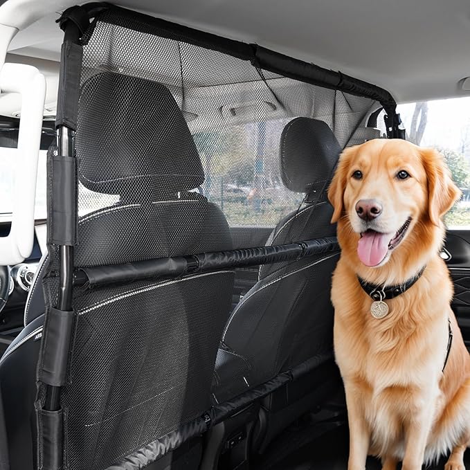 VEVOR Dog Car Barrier, 50" Wide Car Divider for Front Seats Installation, Vehicle Pet Barrier with See Through Net Mesh, Universal-Fit Dog Car Barrier for Mid-Sized Sedans, Trucks, and SUVs, Black