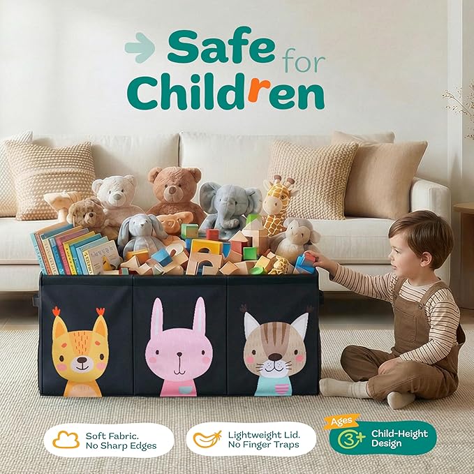Extra Large Toy Storage Organizer with Lid - Sturdy, Collapsible Toy Chest Storage Box with Cute Design - Toys Bin with Dividers for Kids, Boys, Girls, Nursery, Bedroom, Play room 37"x16"x14"