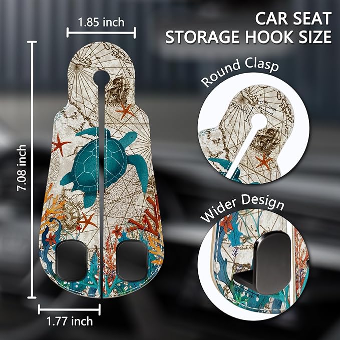 Blusabaca 2PCS Car Seat Back Storage Headrest Hooks, Sea Turtle Purse Holder Bags Hanger, PU Leather Double Metal Hook for Backseat Organizer, Women Car Accessories Organization