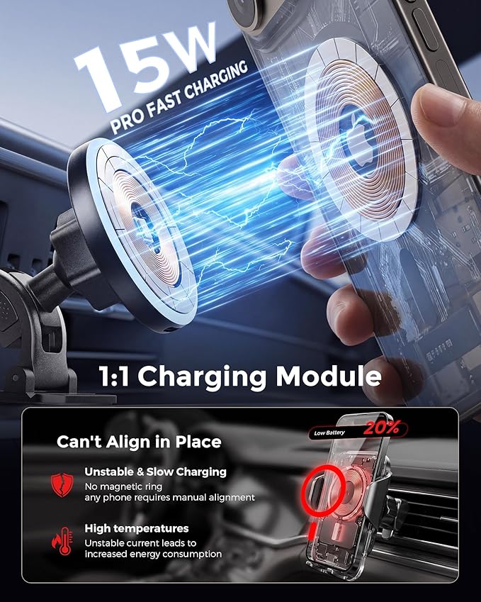 Estbuc 2-in-1 15W Magsafe Car Mount Charger, Magnetic Wireless Car Charger, 360° Dashboard & Air Vent Phone Mount, Phone Holders for Your Car, Car Accessories for Men Women for iPhone 17-12