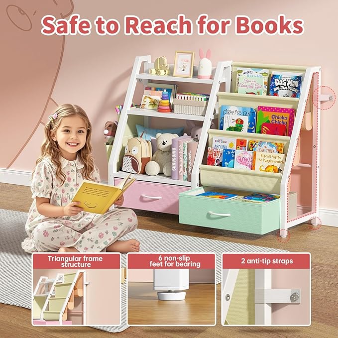 Kids Bookshelf and Toy Storage, Sturdy 3 Tier Kids Bookcase, Sling Bookshelf and 2 Toy Boxes, Toddler Montessori Bookshelf with Toy Organizer, for Kids Room, Game Room, Nursery