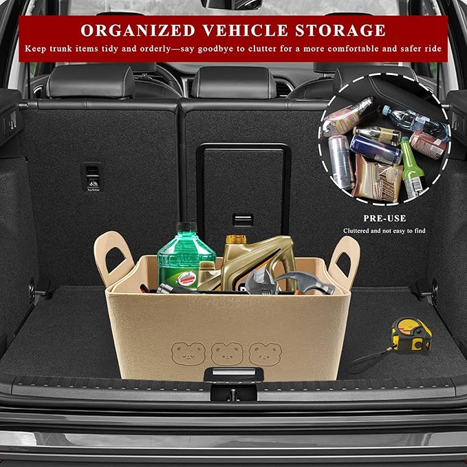 Car Trunk Organizer, Foldable Felt Basket Lightweight Storage Bin with Handles, Large Capacity Flexible Storage Bag Multipurpose Organizer for Vehicle Trunk & Backseat (Beige, 3 Bears)