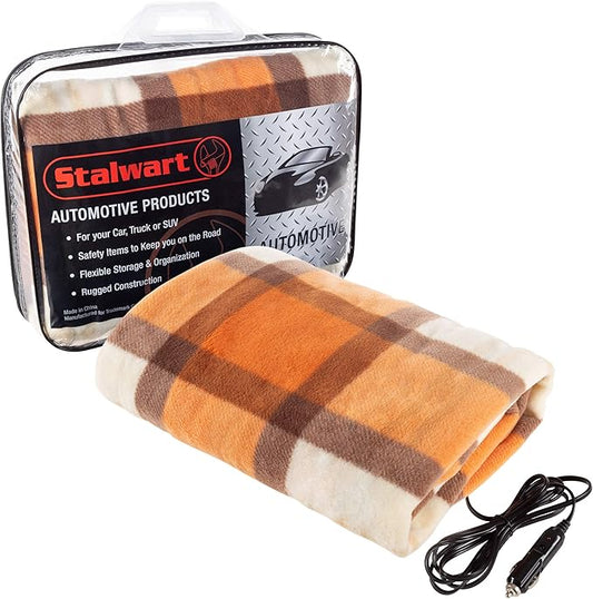 Heated Car Blanket - 12V Electric Travel Blanket for Car, Truck, SUV or RV - Portable Heated Throw for Road Trips, Camping or Winter Emergency Kit for Cold Weather Travel by Stalwart (Orange Plaid)
