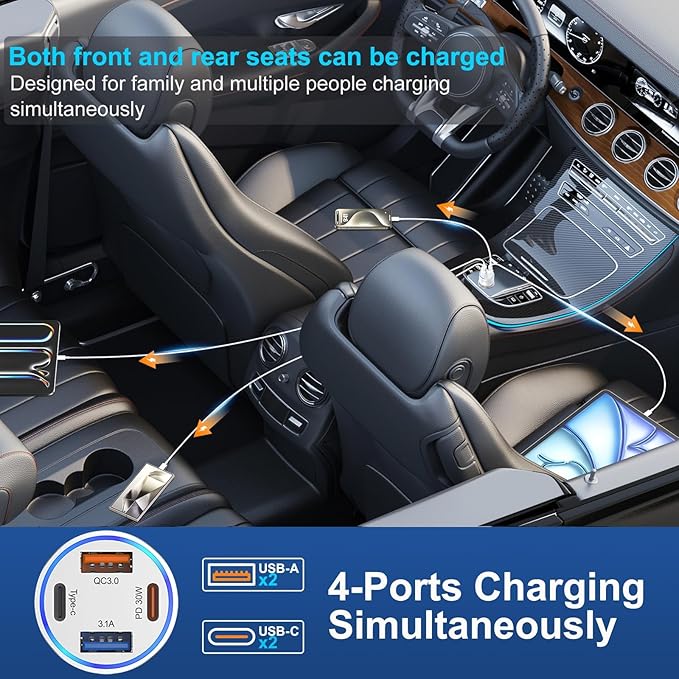 [2-Pack] Car Charger USB C, 4 in 1 65W Fast Charging 4-Port Dual USBC & USB A Car Phone Charger Cargador Carro Lighter Adapter for iPhone 17 16 15 14 13 12 Pro Max, iPad, Samsung,Tablet, Android